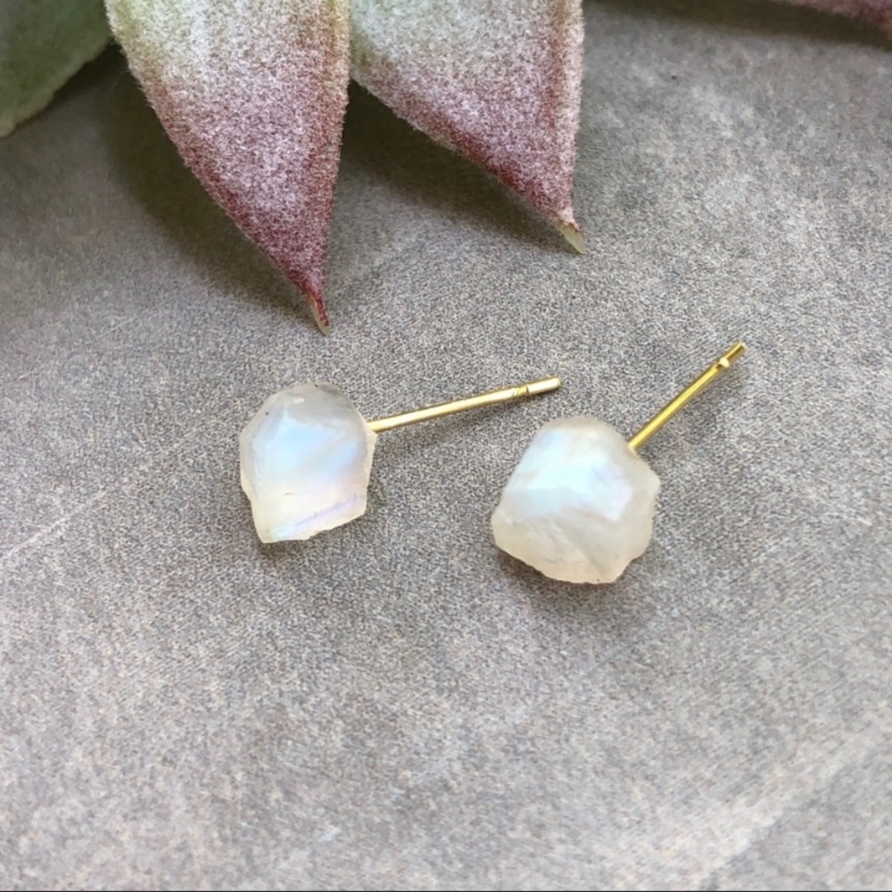 Raw Moonstone Gemstone Crystal Stud Earrings - Picture 2 of 7